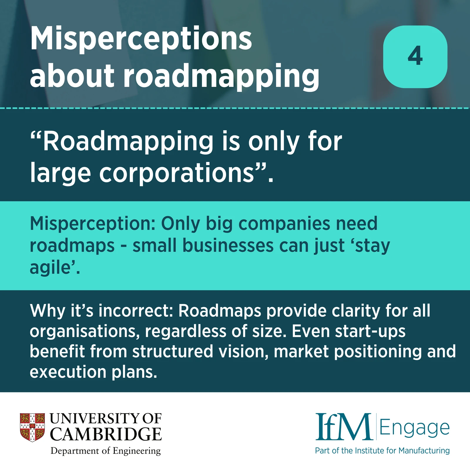 Misperception 4: Roadmapping is only for large corporations, with a correction explaining that roadmaps can be scaled to the organisation.