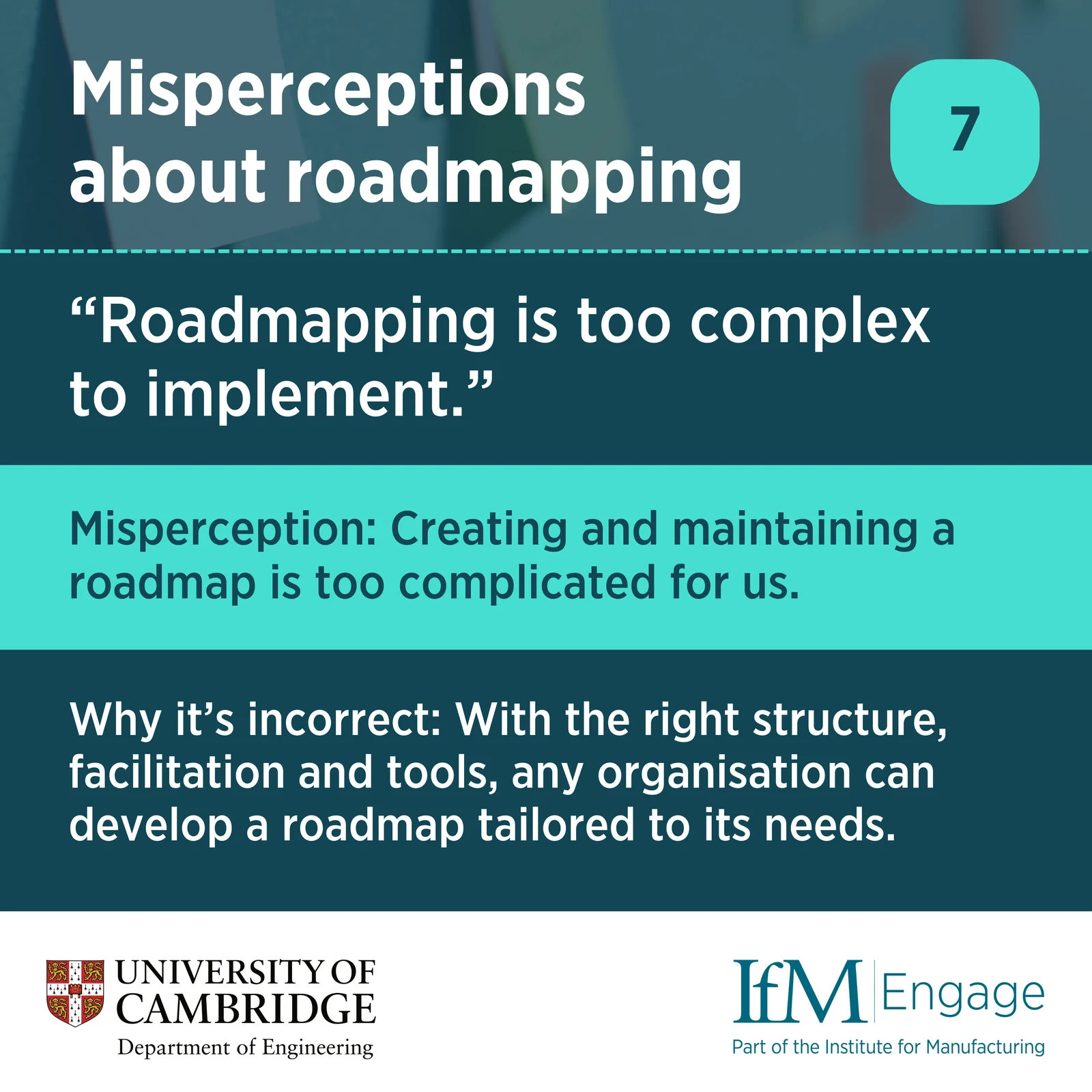Misperception 7: Roadmapping is too complex to implement, with a correction emphasising tailored structure, facilitation and tools.