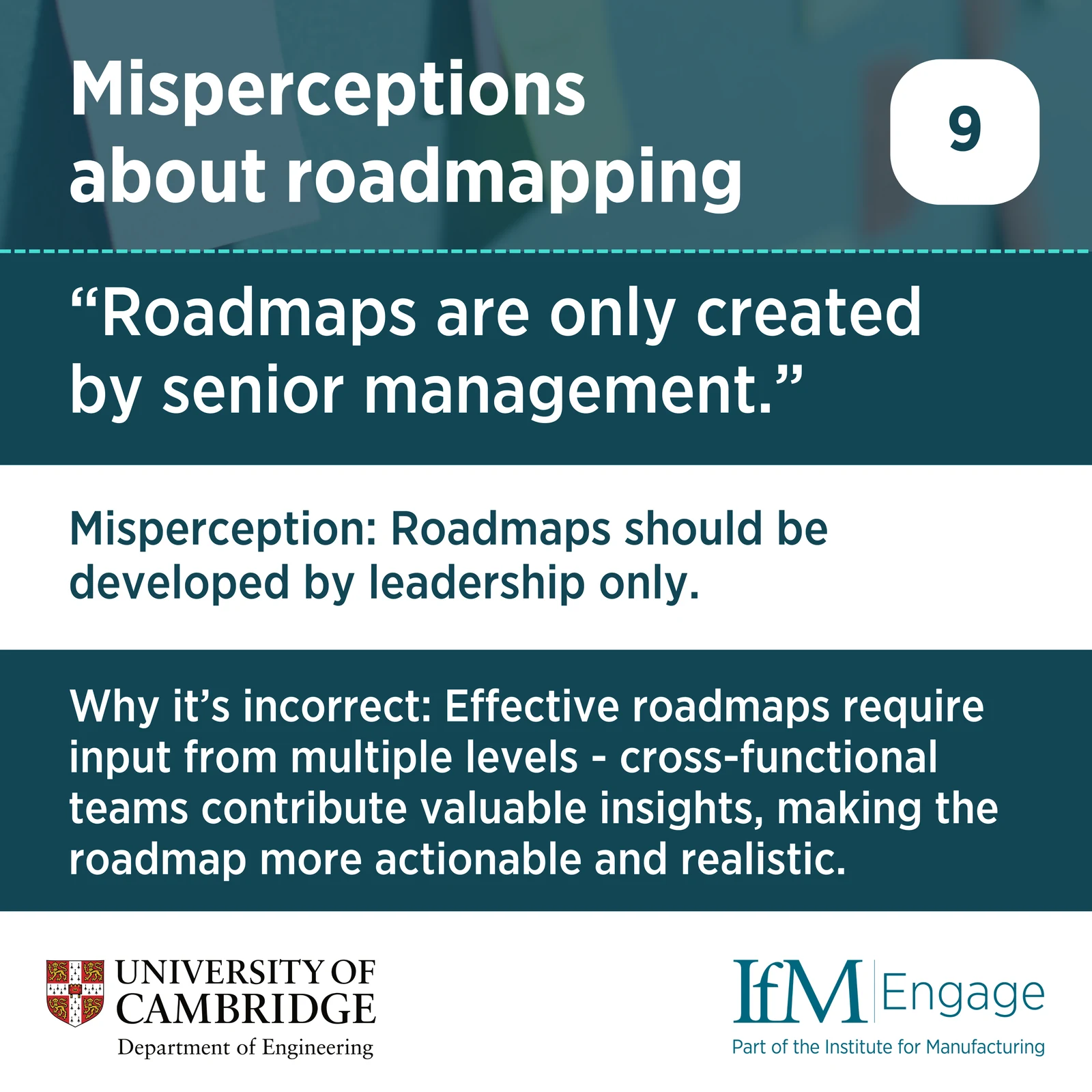 Misperception 9: Roadmaps are created only by senior management, with a correction explaining the value of cross-functional participation.