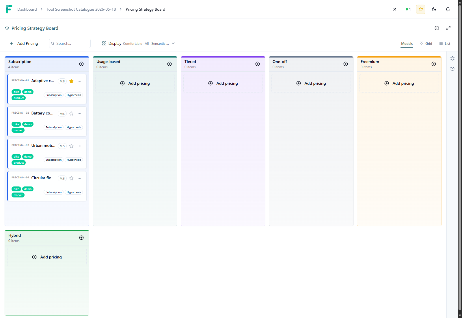 Pricing Strategy Board screenshot