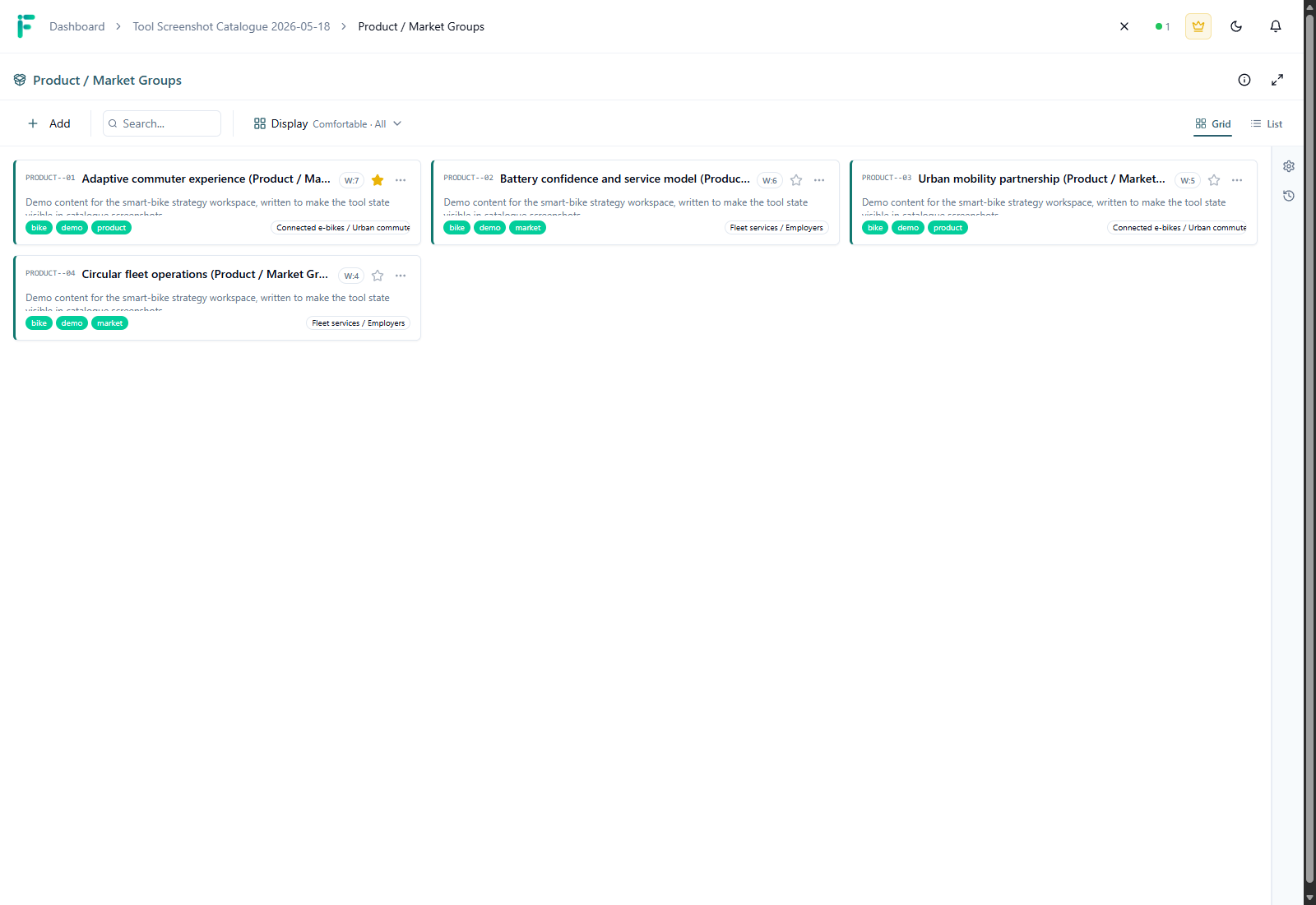 Product / Market Groups screenshot